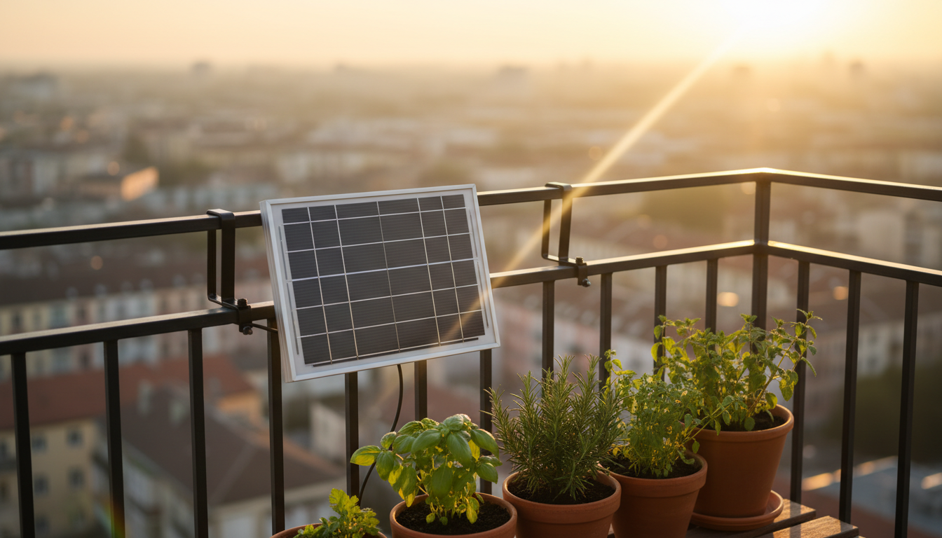 Solar panel on a balcony railing in morning light